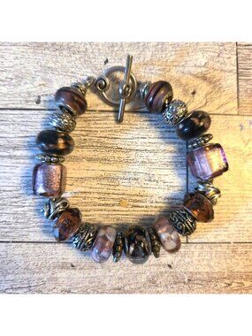 Purple Beaded Bracelet with Silver-Tone Accents Chunky 8.5" long